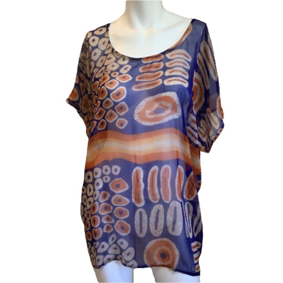 Grass-Fields Tops - GF Grass-Fields Tunic Top Colorful Boat Neck African Shirt Short Sleeve Size 10